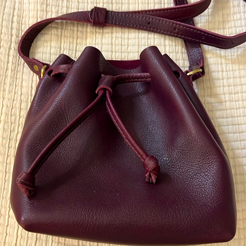 Portland Leather Goods Drawstring Bucket Bag, Small, plumb, like new